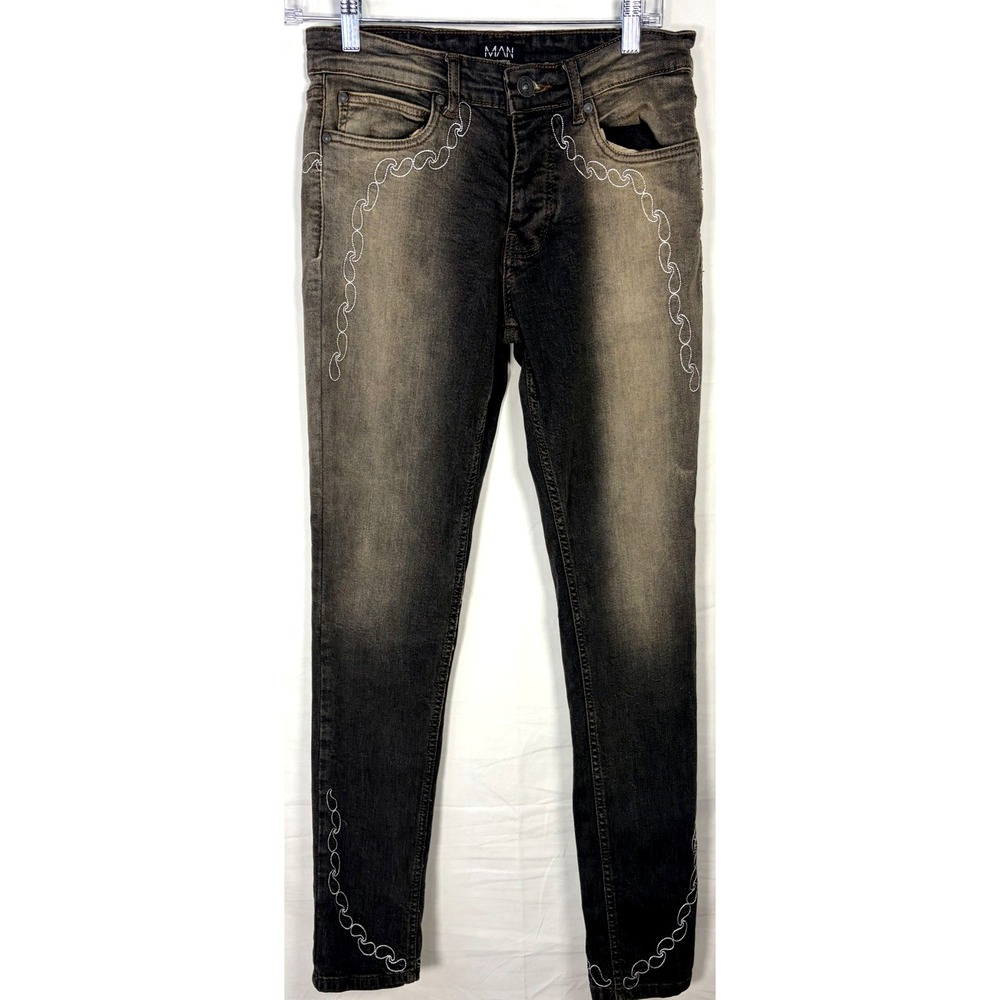 boohoo Man boohooMAN Brown Skinny Straigt Embroidered Printed Jeans - Size: 28